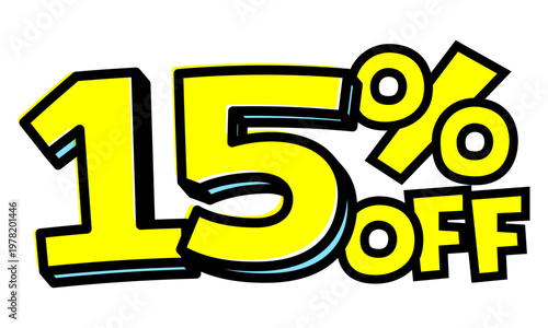 15%OFFの文字パーツ。黒太フチと黄色文字のポップなセールロゴ。背景透過で使いやすい素材