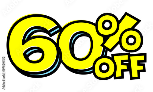 60%OFFの文字パーツ。黒太フチと黄色文字のポップなセールロゴ。背景透過で使いやすい素材