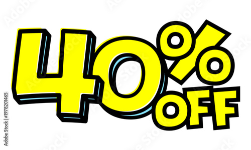 40%OFFの文字パーツ。黒太フチと黄色文字のポップなセールロゴ。背景透過で使いやすい素材