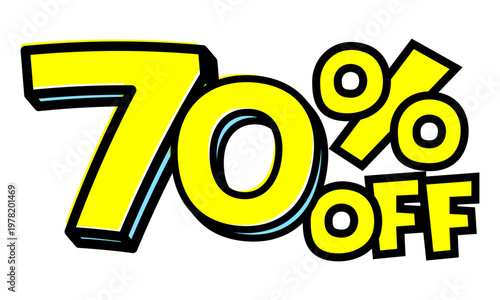 70%OFFの文字パーツ。黒太フチと黄色文字のポップなセールロゴ。背景透過で使いやすい素材