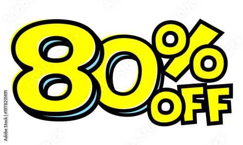 80%OFFの文字パーツ。黒太フチと黄色文字のポップなセールロゴ。背景透過で使いやすい素材