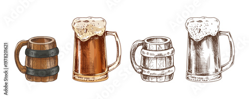 Hand drawn vintage sketch of wooden beer mug and glass stein with foam colored and monochrome set