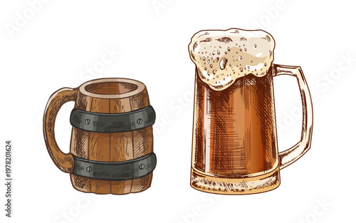 Hand drawn vintage sketch of wooden beer mug and glass stein with foam classic alcohol drink set