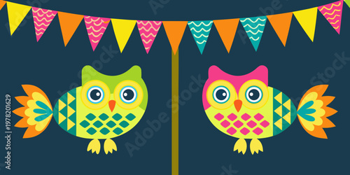 Two colorful patterned owls hang beneath festive triangular party banners
