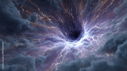 Swirling clouds and bright colors create a vivid scene of a cosmic vortex in space at the edge of the universe