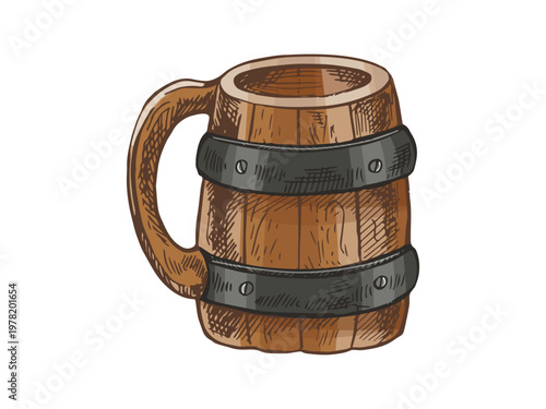Hand drawn vintage sketch of wooden beer mug with metal bands rustic barrel style tankard for pub bar design