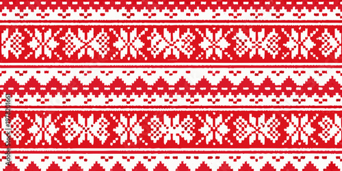 Red and white nordic pattern showcasing traditional knit design elements