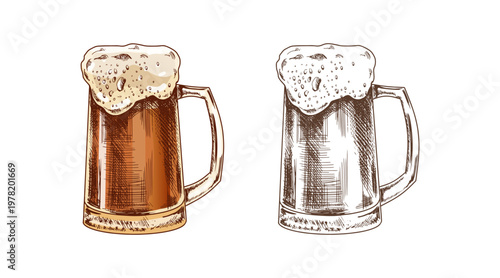 Hand drawn vintage sketch of beer mug with foam in glass stein colored and monochrome set for bar menu