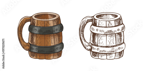 Hand drawn vintage sketch of wooden beer mug with metal bands rustic barrel style tankard colored and monochrome set