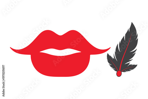 Red lips and feather quill pen on white background