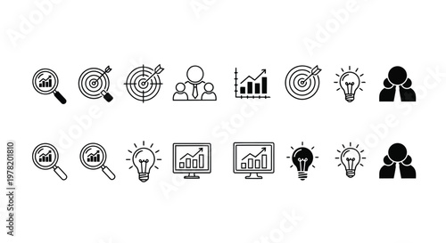 Collection of icons representing research, analysis, and creative thinking tools