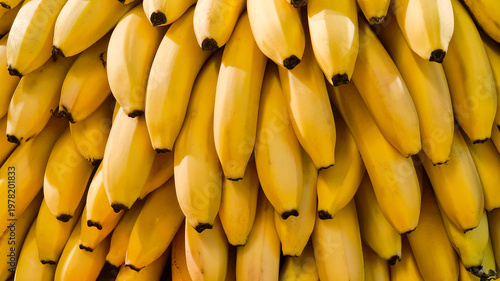Foto A full frame closeup of a large bunch of vibrant yellow bananas, creating a textured background