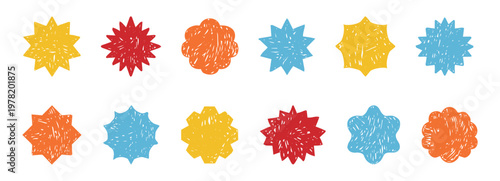 Starburst labels, price colorful tags crayon scribble texture, discount badge set. Sale circle sticker. Wavy, scallop edge promo blank. 