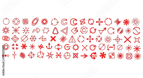 Colorful array of diverse geometric and organic shapes with directional arrows