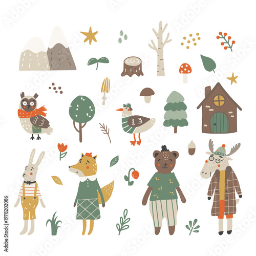 Scandinavian forest animals set with cute woodland characters and nature elements
