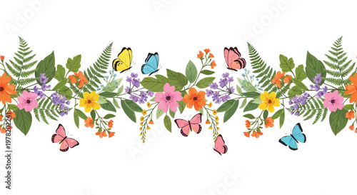 Vibrant floral border with colorful birds and insects in a whimsical design