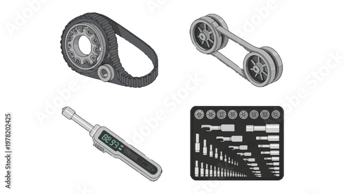 Automotive Parts Collection: A curated assortment of automotive components, including a timing belt, V-belt, torque wrench, and socket set, arranged for clarity and detail.