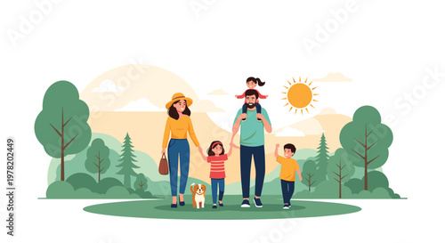 Happy family enjoying a walk together in a beautiful green park during a sunny summer day with their pet dog for outdoor recreation.