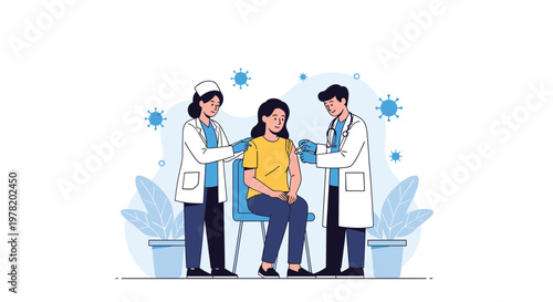 Medical professionals administering a vaccine to a patient in a clinic to provide protection against contagious viral diseases.