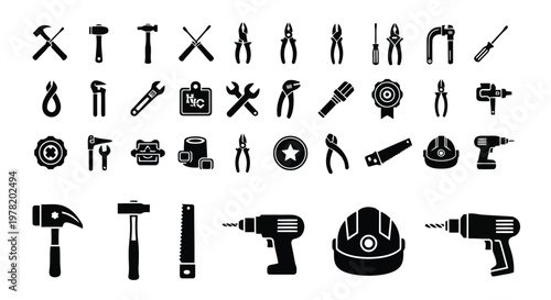 Assorted vintage-style tools and household implements icon collection