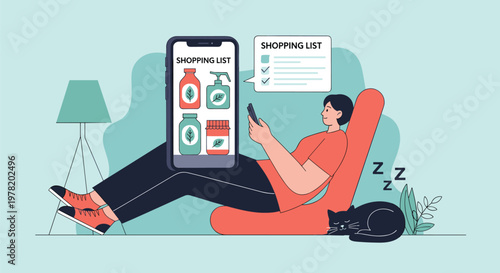 Man relaxing at home while managing his grocery shopping list through a mobile application on his smartphone for convenience.