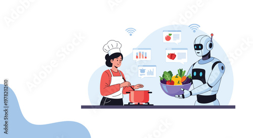 Professional chef collaborating with a smart service robot in a high-tech kitchen to prepare healthy meals using fresh ingredients.