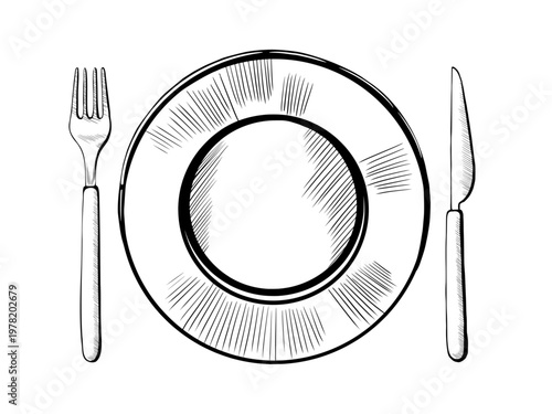 Dinner plate setting with fork and knife in minimalist vector line art. Top view cutlery for restaurant etiquette guide, formal dining menu layout, kitchenware branding and hospitality graphics