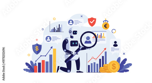 Artificial intelligence robot analyzing financial data and personal profiles to optimize investment strategies and ensure security.