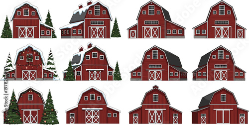 Set of Red Barns with Winter and Snowy Themes for Farm, Rural, and Christmas Decor Designs