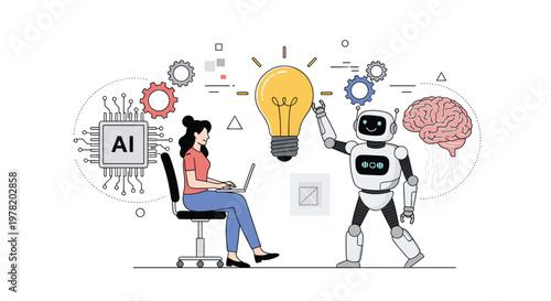 Human and artificial intelligence collaboration driving innovative ideas and cognitive development through advanced technology.