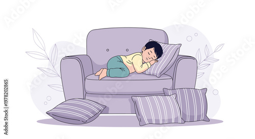 Little boy sleeping comfortably on a soft armchair surrounded by cozy pillows in a peaceful home environment for rest.