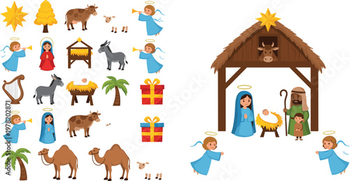 Set of Nativity Scene Elements Including Angels, Mary, Joseph, Donkey, and Animals for Christmas, Holiday, and Religious Designs
