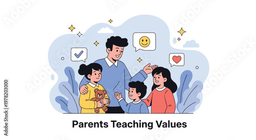 Father teaching moral values and positive emotions to his three children to promote character development and family bonding.