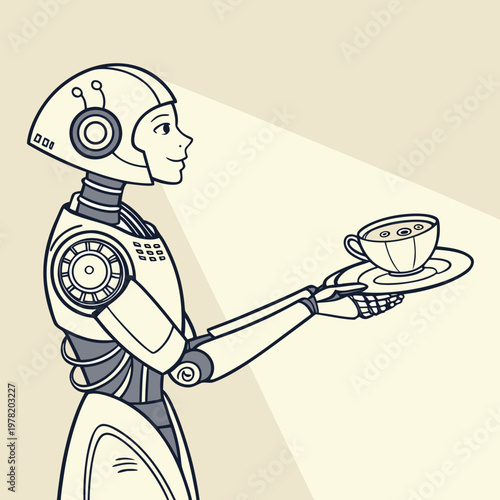 Smiling robot holding a cup of coffee line drawing illustration artificial intelligence science fiction hot drink