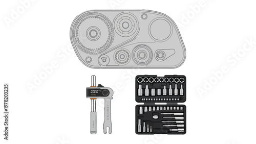 Detailed Automotive Repair Tools: A meticulously designed illustration showcases an automotive part, alongside a precision gauge and a comprehensive set of repair tools.