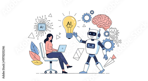 Artificial intelligence guiding a woman towards innovative ideas and creative solutions through advanced technology and data.
