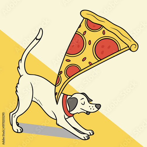 White dog with a slice of pepperoni pizza as a cape or wing pepperoni stretching illustration creativity whimsical