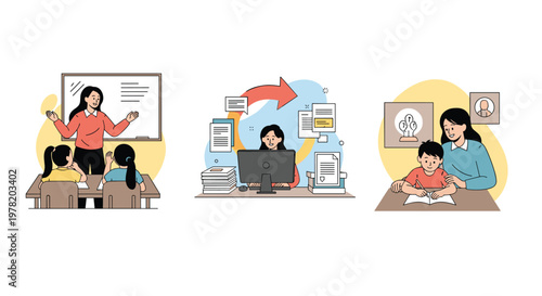 Various forms of education and professional development featuring classroom teaching, administrative work, and parental support at home.