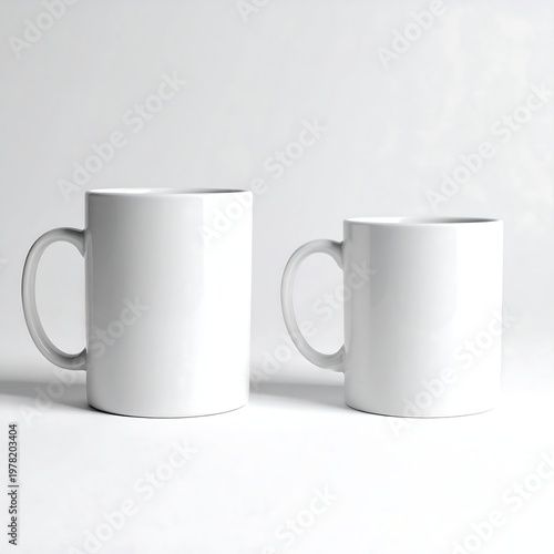 Two white ceramic coffee mugs on a plain white surface