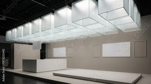 Futuristic Exhibition Booth Design with Glowing Glass Cube Ceiling Installation and White Minimalist Presentation Platform