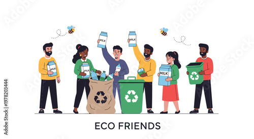 Diverse group of environmentally conscious people working together to recycle plastic and paper waste to protect the planet.