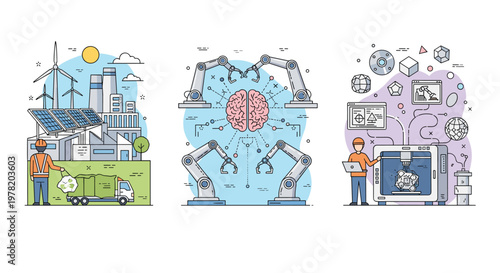 Industrial innovation and technological progress featuring renewable energy, advanced robotics, and precision manufacturing through 3D printing.