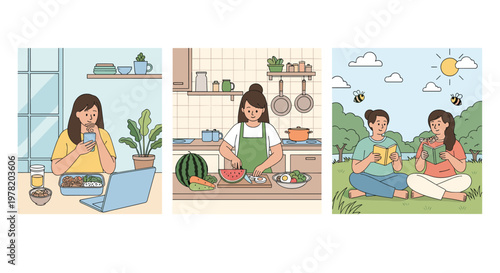 Balanced lifestyle featuring healthy habits such as mindful eating, home cooking, and spending time outdoors with books.