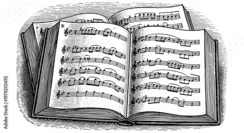 Vintage Engraving of an Open Music Book with Classical Sheet Music Notation
