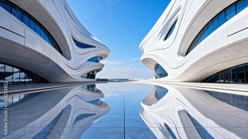Modern white curved buildings with reflection