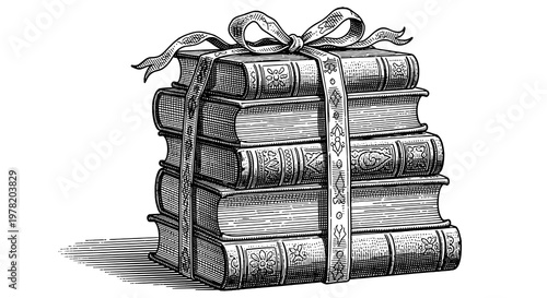 Vintage Engraving of Stacked Books Tied with a Decorative Ribbon and Bow