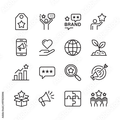 Collection of line icons representing branding marketing and success concepts