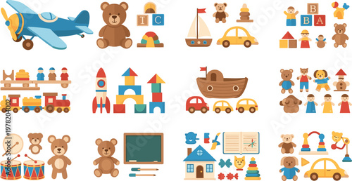 Set of Children's Toys Including Bears, Airplanes, Blocks, Cars, and Building Sets for Playtime, Nursery, and Toy Designs