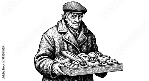 Vintage Engraving of an Elderly Baker or Vendor Holding a Tray of Freshly Baked Goods
