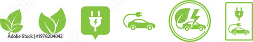 Electric vehicle and green energy icon set featuring eco car charging plug sustainability and renewable transport vector illustration